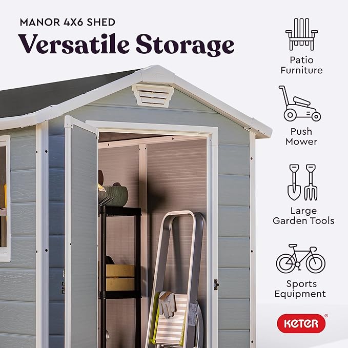 Keter Premier Tall 4.6 x 5.6 ft. Resin Outdoor Storage Shed with Shelving Brackets for Patio Furniture, Pool Accessories, and Bikes, Grey & Black