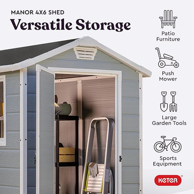 Keter Premier Tall 4.6 x 5.6 ft. Resin Outdoor Storage Shed with Shelving Brackets for Patio Furniture, Pool Accessories, and Bikes, Grey & Black