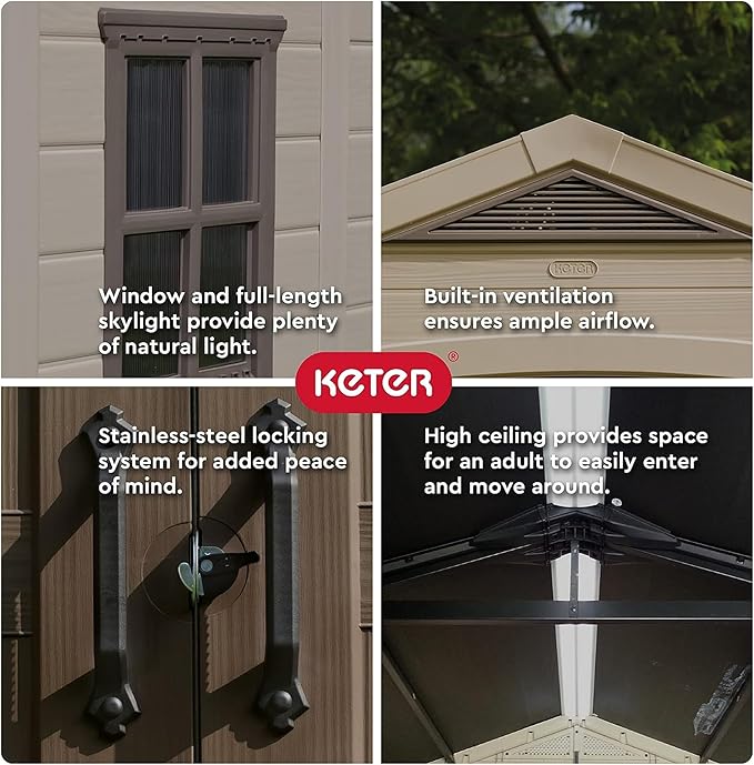 Keter Factor 8x11 Ft All-Weather Outdoor Storage Shed with Shelves, Skylight, Window, Built-in Ventilation, Customizable Walls, & Lockable Double Doors, Brown