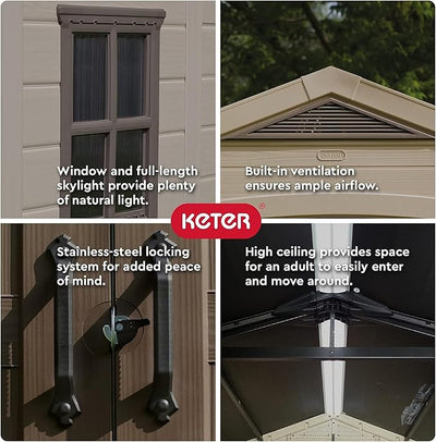Keter Factor 8x11 Ft All-Weather Outdoor Storage Shed with Shelves, Skylight, Window, Built-in Ventilation, Customizable Walls, & Lockable Double Doors, Brown