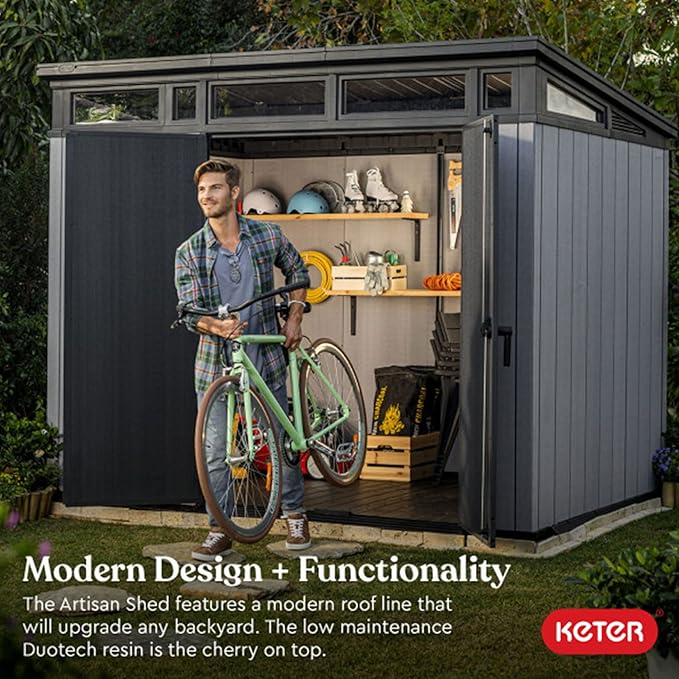 Keter Outdoor Storage Shed, for Patio, House, Backyard & Garden, Artisan, 9x7 Ft, Grey